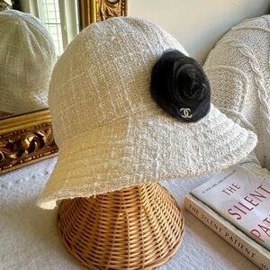 Chanel Cream Tweed Hat with Black Floral Detail